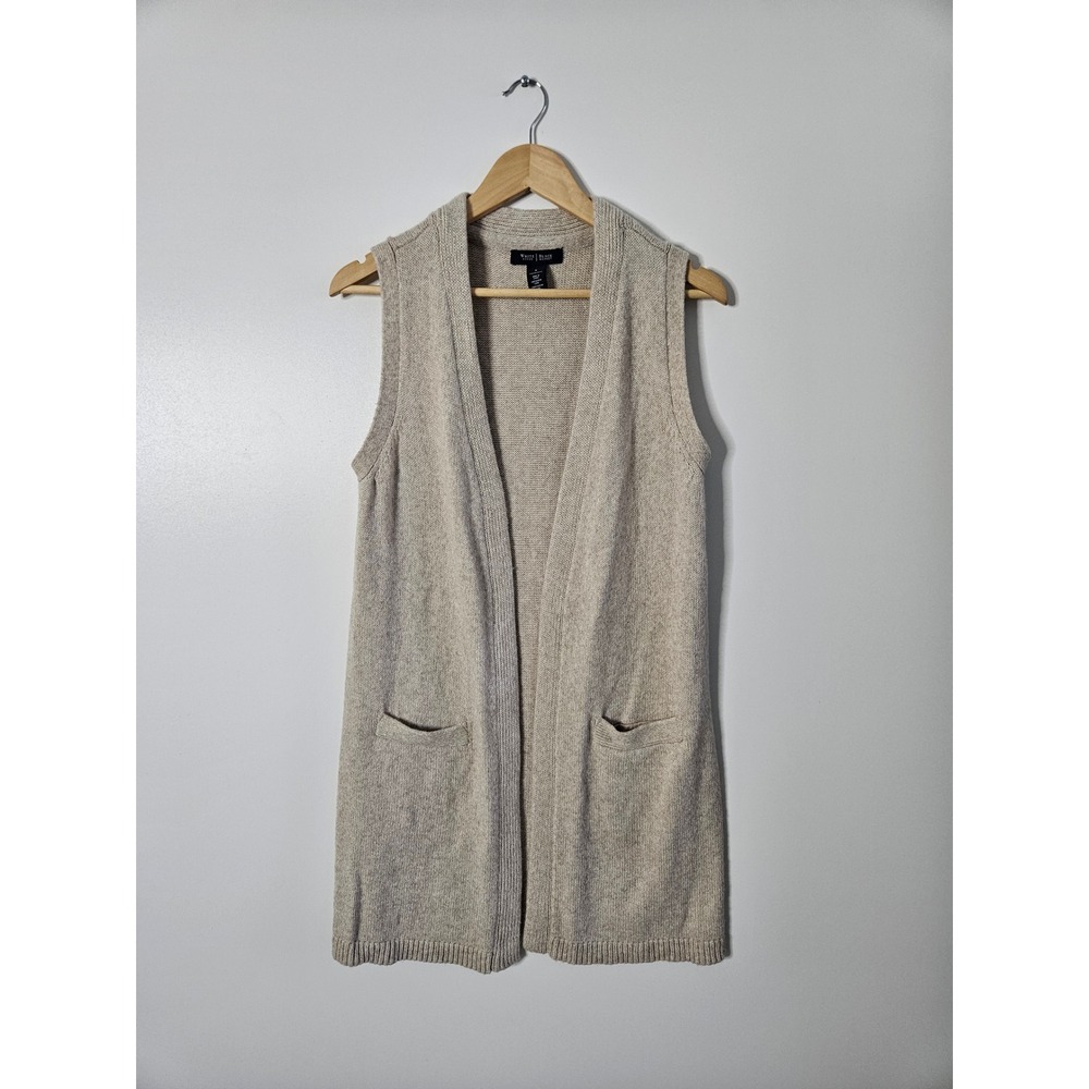 WHBM Oatmeal‎ Heather Knit Longline Open Front Sweater Vest M EUC